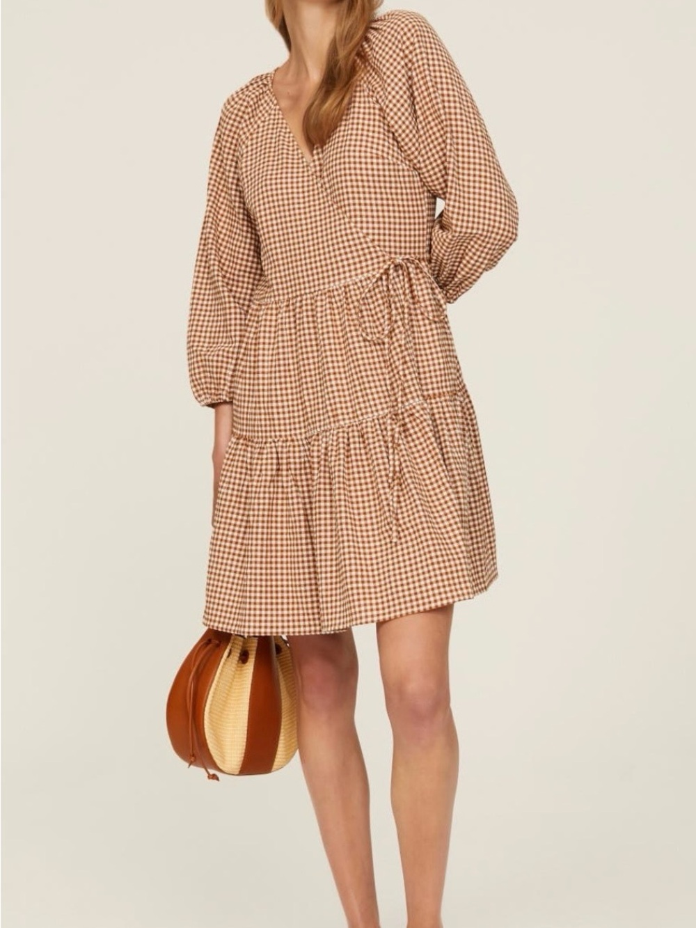 Madewell Gingham Tie-Waist Tiered Mini Dress in Beige